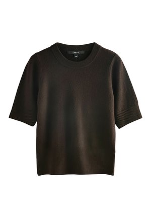 Dunkelbrauner kurzärmeliger Strickpullover mit geripptem Rundhalsausschnitt, Ärmelbündchen und Saum.