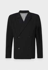 Schwarzer doppelt geknöpfter Blazer aus glattem Stoff, mit zwei vorderen Taschen und schwarzen Knöpfen. Mit Reverskragen und strukturierter Silhouette.