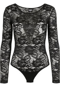 Black lace bodysuit with long sleeves, floral pattern, scoop neckline, and a thong cut. Features intricate lace detailing throughout.