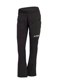 Černé outdoorové kalhoty s elastickým pasem, dvěma kapsami na zip a zesílenými kolenními částmi. Vyrobené z odolné, pružné tkaniny.