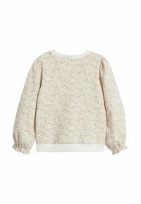 Blommönstrad sweatshirt i krämfärg med pastellrosa och gröna accenter. Har elastiska muddar och nederkant, rund halsringning och en mjuk textur.