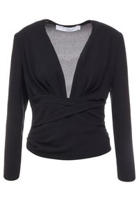 Blouse noire à manches longues avec un col en V profond, devant drapé et côtés froncés, fabriquée dans un tissu lisse avec un léger éclat. Design classique.
