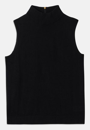 Black sleeveless turtleneck top made from soft material, featuring a high collar and a back zip closure. Simple design with no patterns or accents.