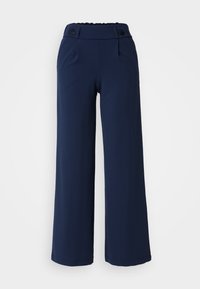 Navy wide-leg trousers made of smooth fabric, featuring a high waist with two black buttons and front pleats for added design detail.