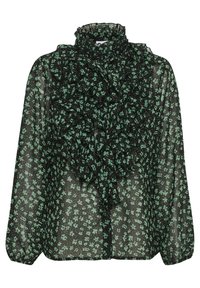 Svart genomskinlig blus med grönt blommönster, med en hög volangkrage och en kaskad av volanger fram. Långa ärmar.