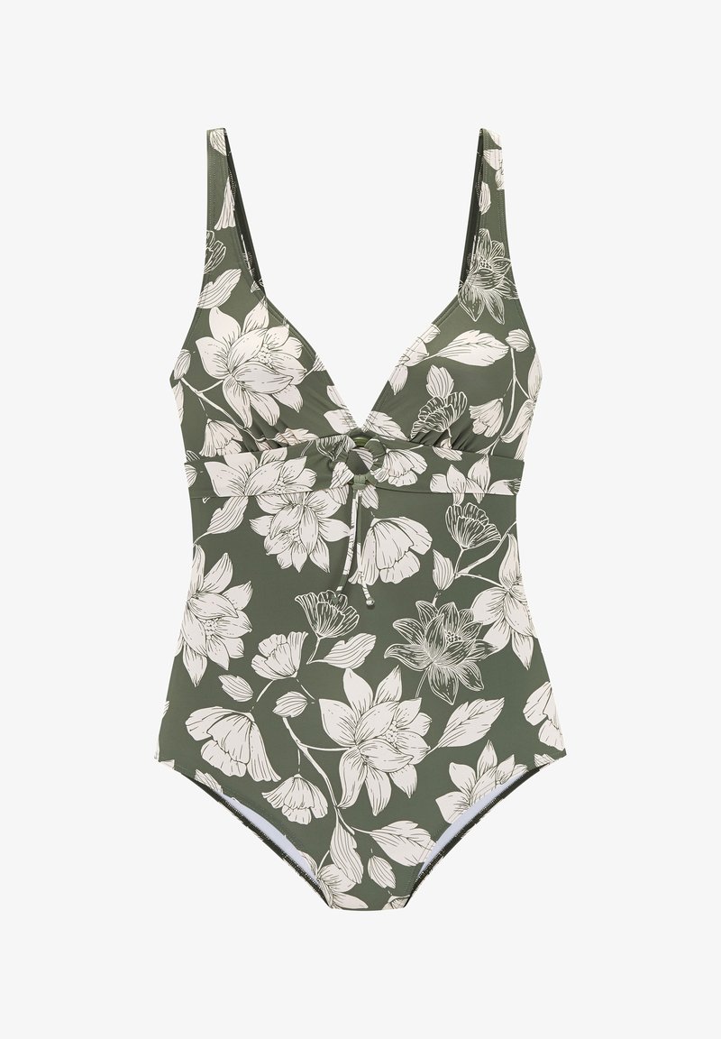 Jednodielne plavky olivovej zelenej farby s bielou kvetinovou potlačou. Majú hlboký výstrih do V a uzlový detail vpredu. Hladká textúra, nastaviteľné ramienka.