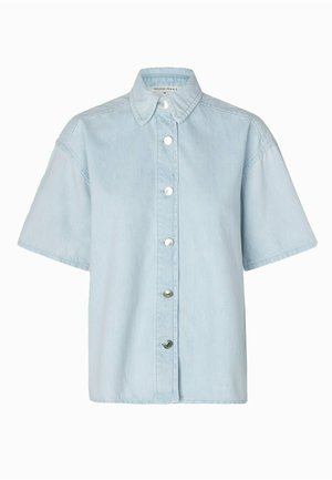 Camicia a maniche corte azzurro chiaro in denim, con colletto classico, chiusura a bottoni e bottoni in tonalità argentata, dal taglio comodo.