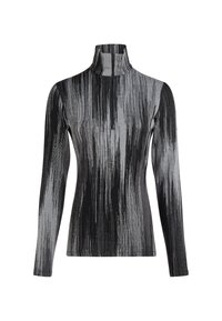 Langarm-Pullover mit Rollkragen in Schwarz und Grau, mit einem strukturierten Linienmuster, aus einem weichen, dehnbaren Stoff gefertigt.