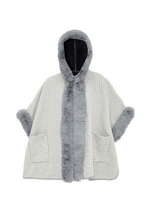 Houndstooth-kuvioinen poncho harmaana ja valkoisena, jossa on tekoturkis hupulla ja reunoilla, kaksi etutaskua ja leveät hihat.