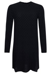 Schwarzes Kleid mit langen Ärmeln, rundem Ausschnitt und Punktenmuster. Weicher Stoff mit einem leichten Glanz, ausgestattet mit einem Rückverschluss.
