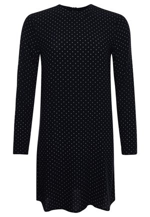 Vestido negro de manga larga, con escote redondo y un estampado de puntos. Tejido suave con un ligero brillo, que presenta un cierre en la parte posterior.