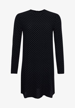 Robe noire à manches longues, décolleté rond et motif à pois. Tissu doux avec un léger éclat, dotée d'une fermeture à l'arrière.