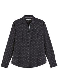 Chemise noire à boutons avec des pois blancs, à manches longues, un col et une poche poitrine. Le tissu semble lisse avec un léger éclat.