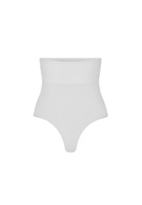 Be siūlių baltos aukšto liemens formuojančios kelnaitės su plačiu juosmeniu, skirtos pilvo srities kontrolei ir lygesnei siluetui.