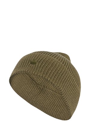 Olive green knit beanie with a ribbed texture, featuring a small, embossed logo on the front. Soft material with a fitted design.