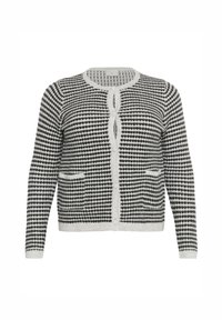 Cardigan tricoté en noir et blanc, avec un motif géométrique, un col rond, des manches longues, deux poches avant et une fermeture à boutons.