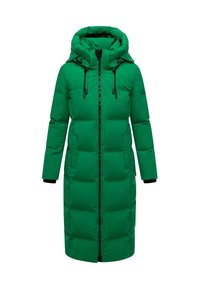 Groene, lange pufferjas met capuchon, voorzien van een rits aan de voorkant en trekkoorden, zwarte accenten op de manchetten en een gewatteerd ontwerp.