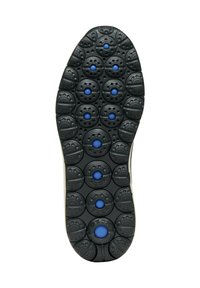 Soletta in gomma nera con accentuazioni circolari blu, caratterizzata da una superficie testurizzata e fori distintivi per la traspirabilità.
