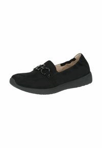 Juodas zomšinės medžiagos slip-on stilius batelis su apvaliu pirštu, elastinėmis medžiagomis ir dekoratyviu juodu detalės elementu ant batelio viršaus. Žemas guminis padas.