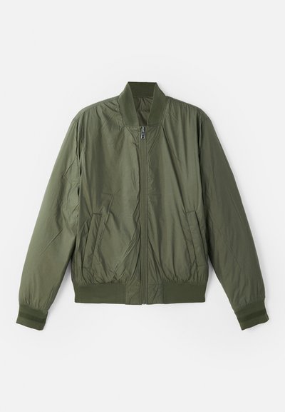 Λαδί bomber jacket κατασκευασμένο από ελαφρύ ύφασμα, με μπροστινό φερμουάρ, ριμπ κολάρο και μανίκια, και δύο πλαϊνές τσέπες.