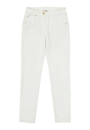 Weiße gerade geschnittene Hose mit Frontknopf, Reißverschluss, Gürtelschlaufen und Fünf-Taschen-Design auf schlichtem Hintergrund.