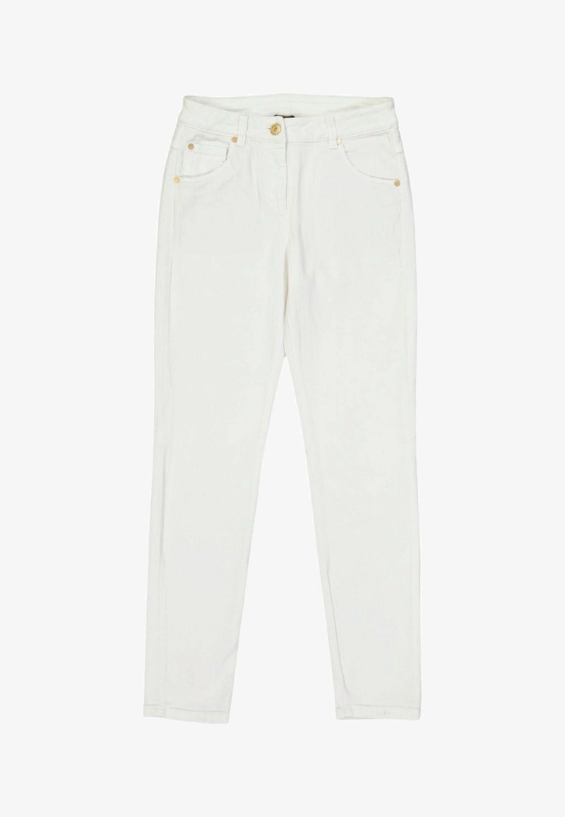 Pantalon blanc coupe droite avec bouton sur le devant, fermeture éclair, passants de ceinture et design à cinq poches sur fond uni.