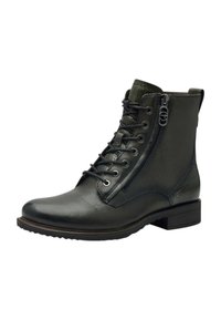 Botas de cuero negro hasta el tobillo con un acabado texturizado, que presentan cordones y una cremallera lateral. Tacón bajo en bloque y diseño de punta redondeada.