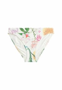 Blommig bikinitrosa med en blandning av färgglada blommor på en vit bakgrund. Materialet är slätt med elastiska sömmar för stretch.