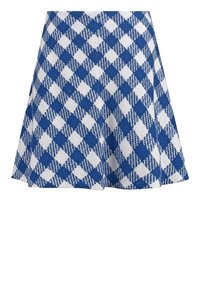 Jupe trapèze à carreaux bleu et blanc avec un tissu texturé et un motif losange répétitif.