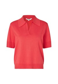 Kurzärmliges korallenfarbenes Polo-T-Shirt mit flachem Kragen, V-Ausschnitt und geripptem Saum. Der Strickstoff hat eine glatte Textur.