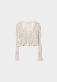 Gehaakte korte cardigan in beige, met verticale ribbelstructuur, lange mouwen en een open voorkant. Lichtgewicht, casual kleding.