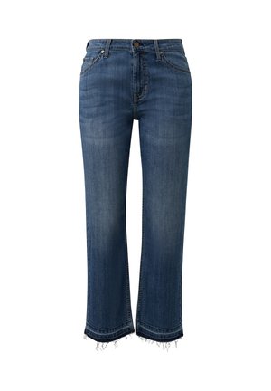 Jean en denim bleu à taille haute, avec bouton et fermeture éclair à l'avant, cinq poches, jambes droites et ourlets effilochés.
