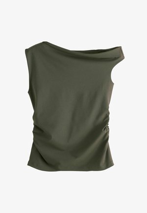 Olivenfarvet, ærmeløs top med draperet halsudskæring, sammenkrøllede sideløsninger og glat stofstruktur. Ingen synlig hardware eller mønstre.