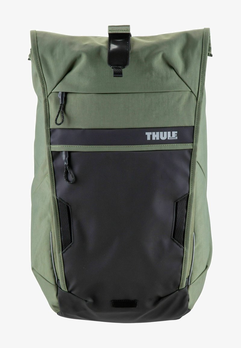 Thule backpack featuring a durable olive green fabric with black accents, roll-top closure, front zippered pocket, and mesh side panels.
