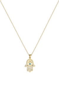 Goldene Kettenhalskette mit einem handförmigen Anhänger, verziert mit klaren Kristallen und einem blauen Augendetail, filigranes Design mit durchbrochenen Mustern.