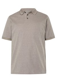 Hellgraues Poloshirt mit kurzen Ärmeln, strukturierter Stoff, Dreiknopf-Leiste, kontrastierendem Kragen und leicht lockerem Schnitt.