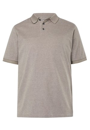 Vaaleanharmaa lyhythihainen poolopaita, jossa on teksturoitu kangas, kolmen napin napitus, kontrastivärinen kaulus ja hieman väljähkö istuvuus.