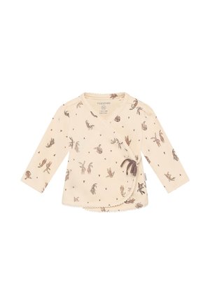 Cremfarbenes Baby-Wickelshirt mit langen Ärmeln, kleinen braunen Hasen- und Herzmotiven, seitlich mit Bändern zum Binden, Größe 1-2 Monate.