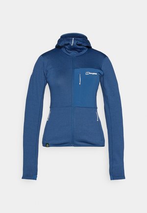 Jachetă din fleece albastră cu fermoar în față și glugă. Prezintă un material texturat, un buzunar pe piept cu fermoar și mansete ribbate pentru o ajustare sigură.