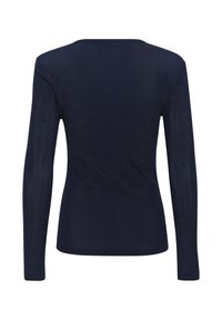 Long-sleeve navy top with a smooth texture and a subtle sheen. Features a rounded neckline and fitted silhouette. No visible embellishments.