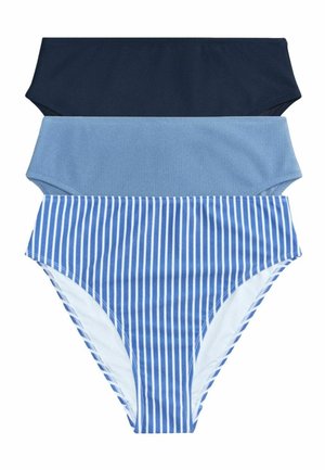 Three high-waisted bikini bottoms in navy blue, solid light blue, and blue with white vertical stripes, stacked vertically.