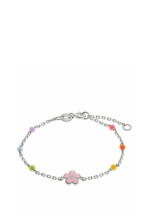 Silberne Kettenarmband mit mehrfarbigen Perlen und einem zentralen rosa Blumenanhänger, ausgestattet mit einem Karabinerverschluss und verstellbaren Gliedern.