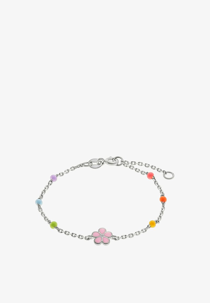 Silver chain bracelet with multicolored beads and a central pink flower charm, featuring a lobster clasp and adjustable links.
