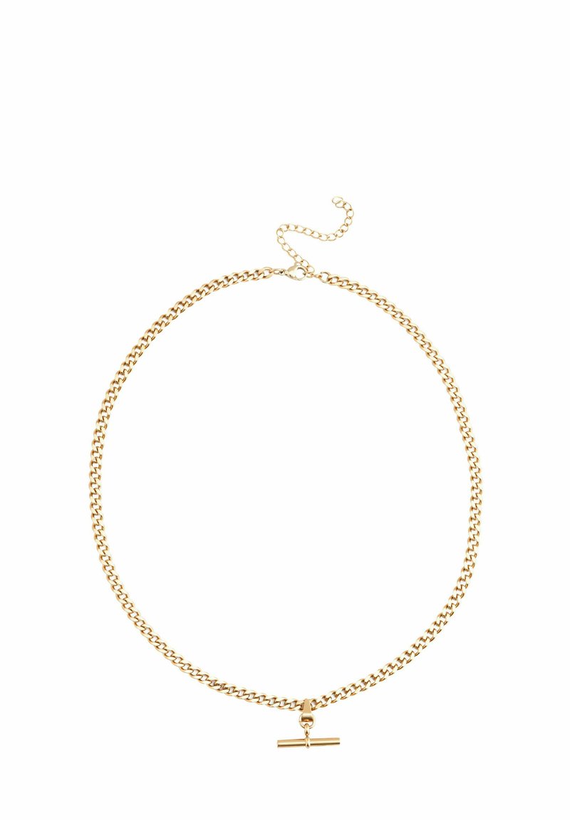 Goldkette mit verflochtenen Gliedern, einer strukturierten Oberfläche und einem Toggle-Verschluss mit einer Balkenakzentuierung. Verstellbare Länge mit Verlängerung.
