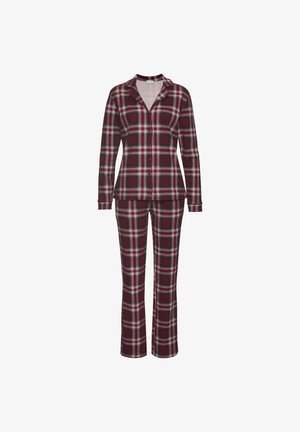 Set di pigiama a quadri in tonalità borgogna e verde, realizzato in tessuto morbido. Caratterizzato da una camicia con bottoni e colletto e pantaloni lunghi.