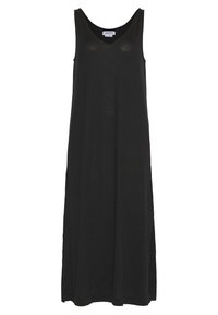 Schwarzes, ärmelloses Maxikleid mit V-Ausschnitt, aus weichem Stoff gefertigt, mit gerader Silhouette und seitlichen Schlitzen für Bewegungsfreiheit.