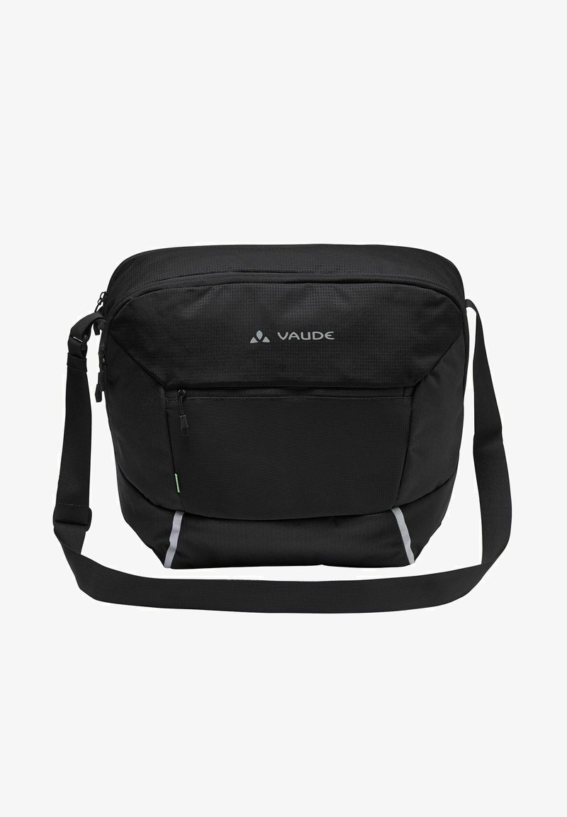 Sac messager noir avec une surface texturée, poche avant zippée, bandoulière réglable et accents réfléchissants. Logo de la marque affiché de manière proéminente.