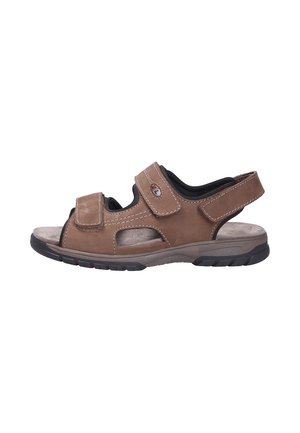 Sandalo da uomo in pelle marrone con punta aperta, cinturini regolabili in velcro e suola imbottita nera su sfondo bianco.