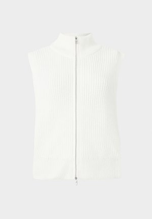 Top in maglia senza maniche di colore bianco, con colletto alto e zip frontale. Presenta una texture a coste e un orlo dritto. Design minimalista.