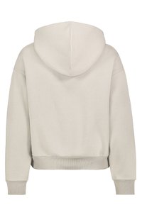 Lichtgrijze cropped hoodie met een capuchon, geribbelde manchetten en zoom. Zachte textieltextuur, eenvoudig ontwerp en geen zichtbare patronen of accenten.